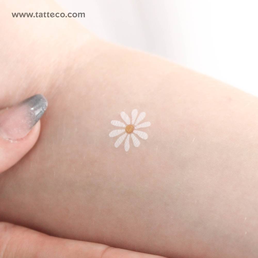 Little white daisy temporary tattoo placed on the inner forearm.