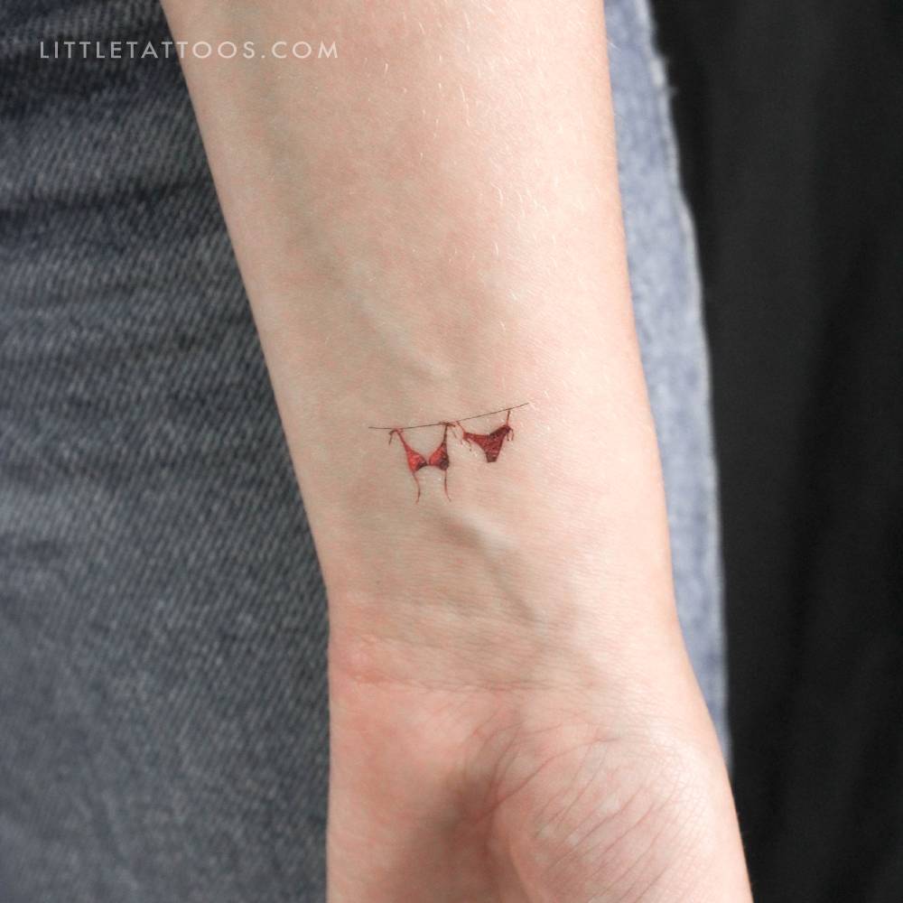 Drying bikini temporary tattoo located on the wrist.