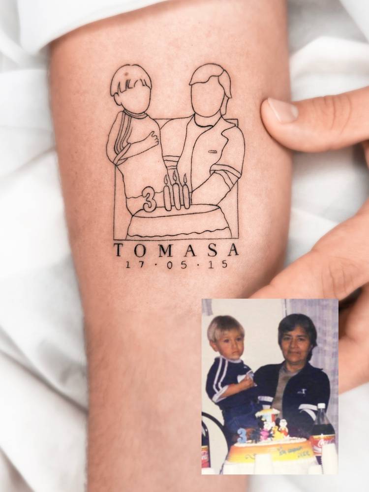 Family portrait tattoo located on the inner forearm, fine line style.