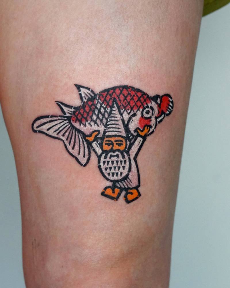 Gnome and koi fish tattoo located on the thigh, pop art style.
