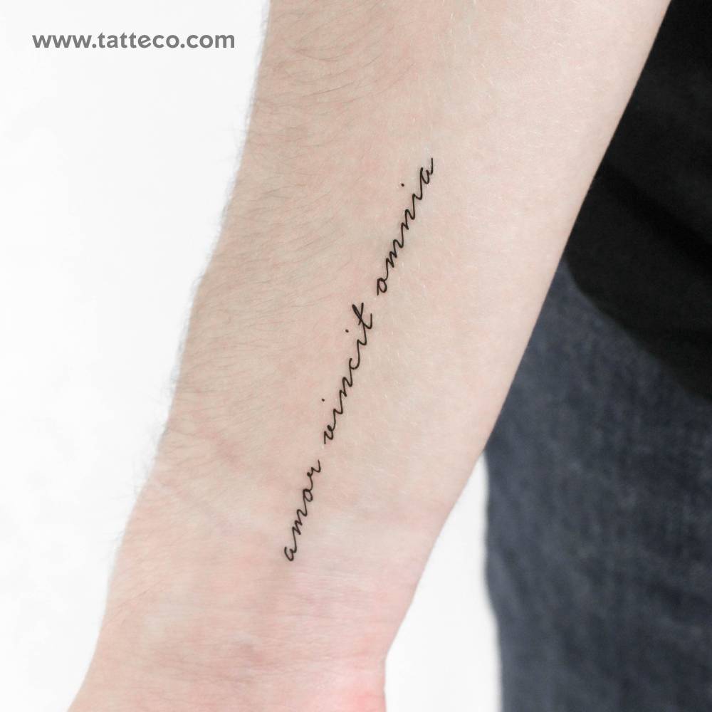 "Amor vincit omnia" temporary tattoo located on the wrist.