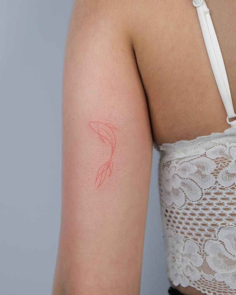 Red koi fish tattoo in minimalistic style located on the tricep.