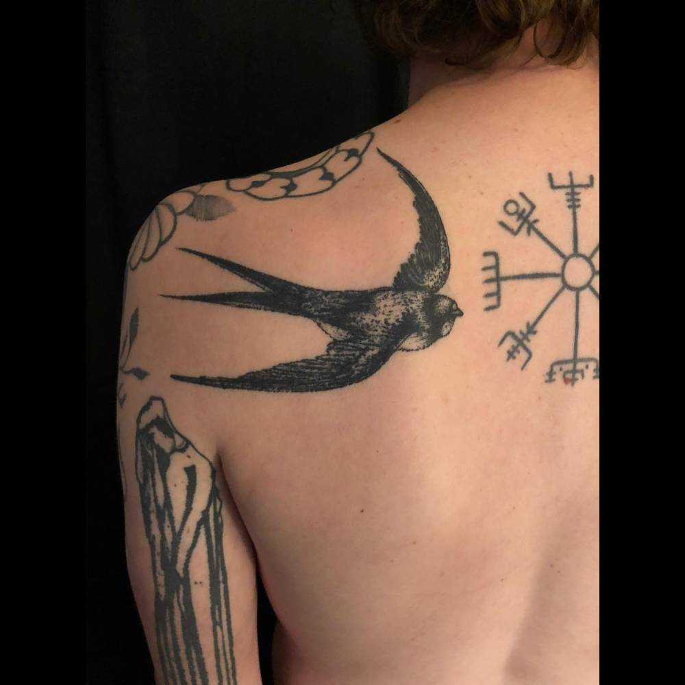 Healed swallow tattoo in blackwork style located on the shoulder blade.