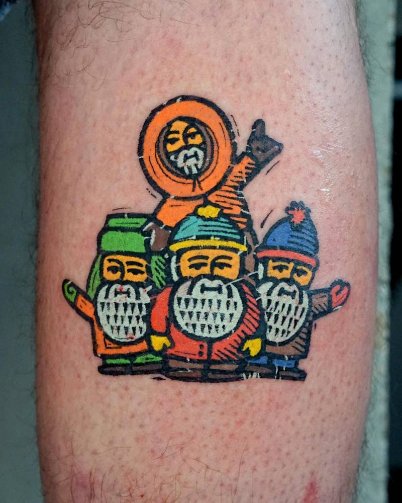 South Park gnomes tattoo on the calf.