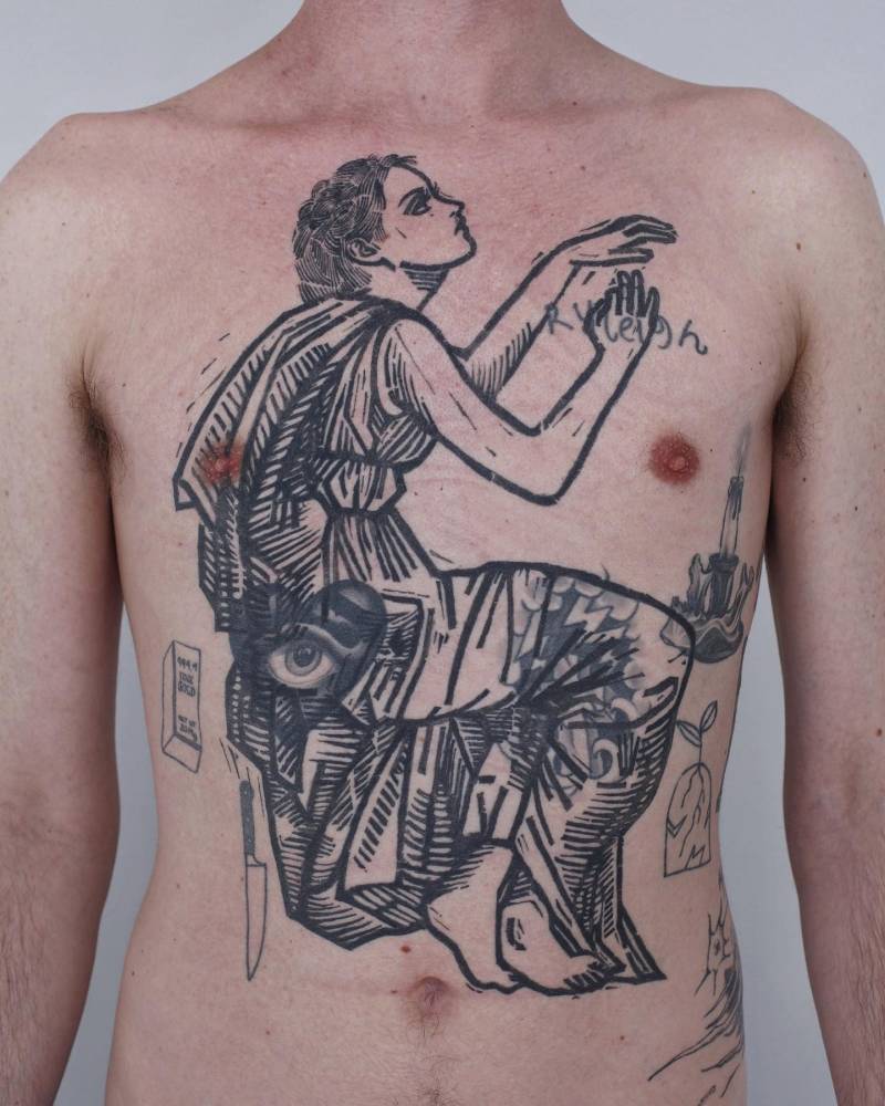 'The Angel of Death' cover up tattoo in engraving style.