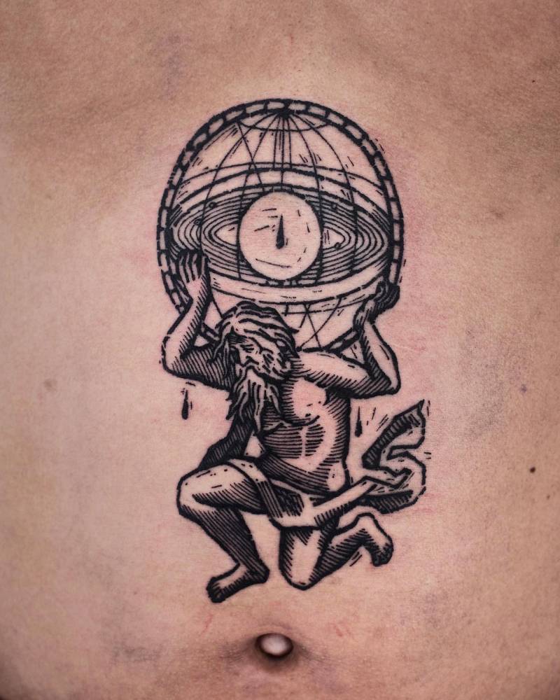 Atlas tattoo located on the stomach, done in engraving style.