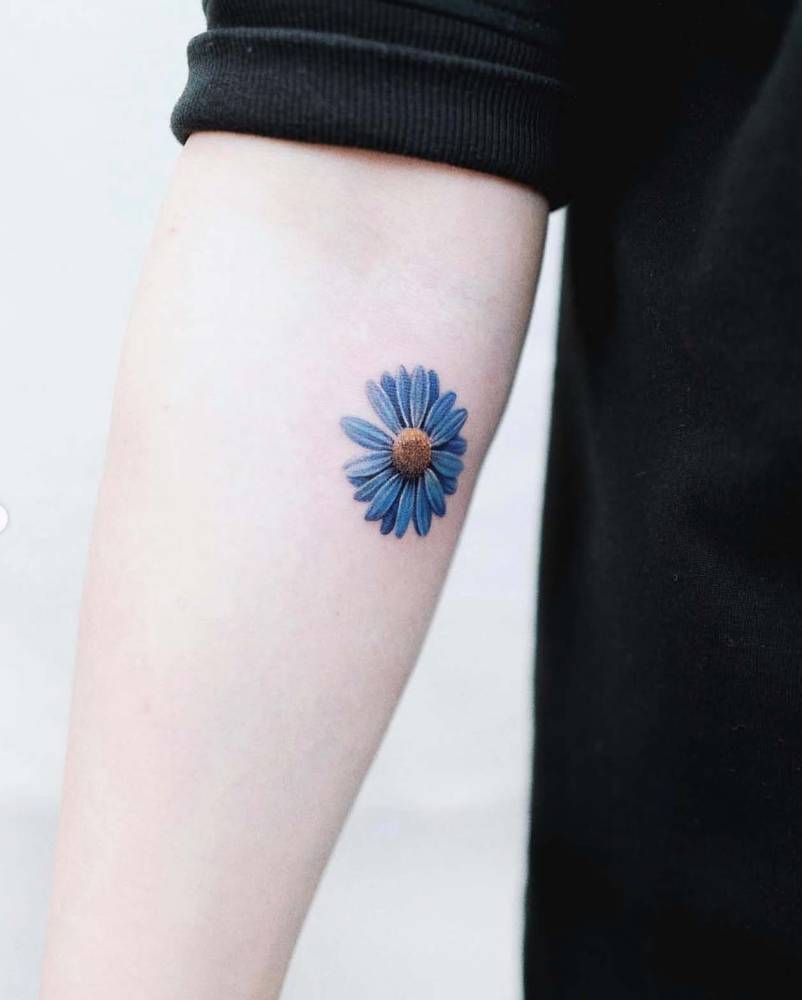 Micro-realistic style blue daisy flower tattoo located on the inner forearm.