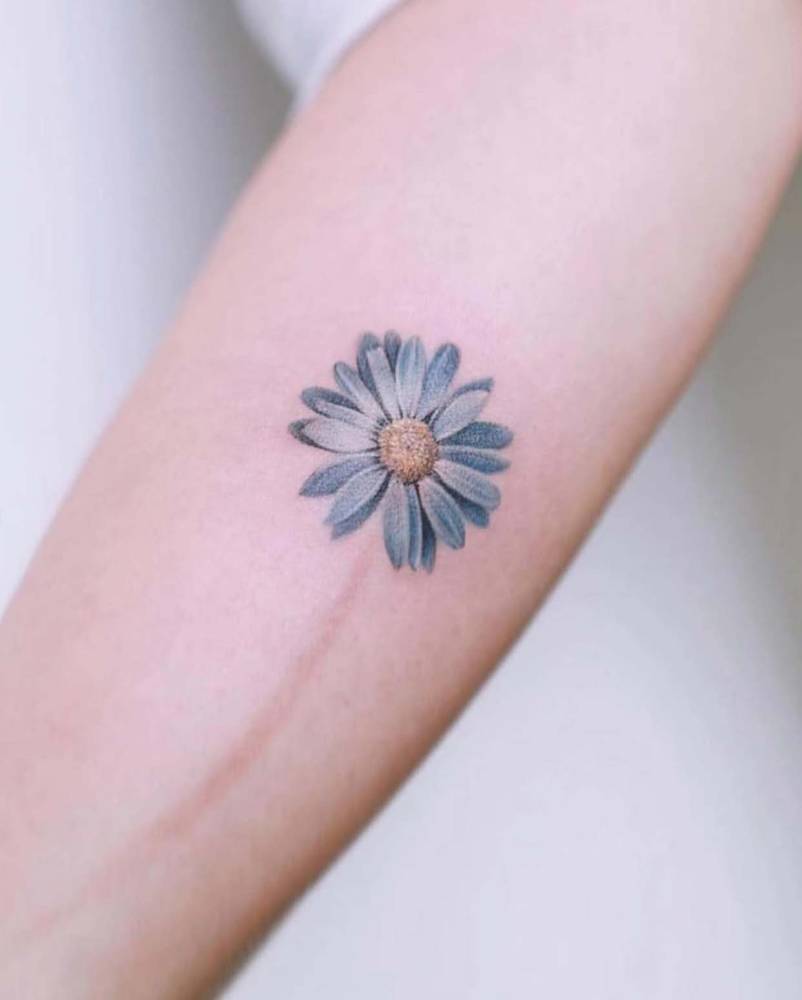Micro-realistic style scar cover-up daisy flower tattoo located on the inner forearm.