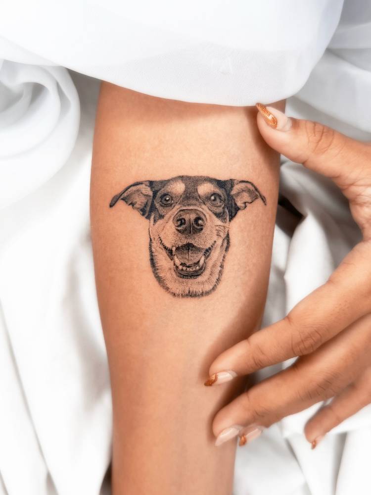Dog portrait tattoo in micro-realistic style placed on the inner forearm.