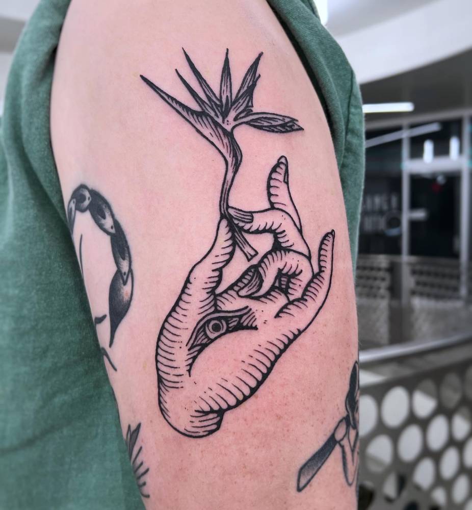 Blackwork style hand holding a bird of paradise flower tattoo located on the upper arm.