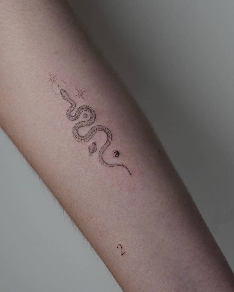 Single needle snake tattoo located on the inner forearm.
