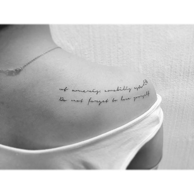 "Ut ameris, amabilis esto" and "don't forget to love yourself" lettering tattoos.