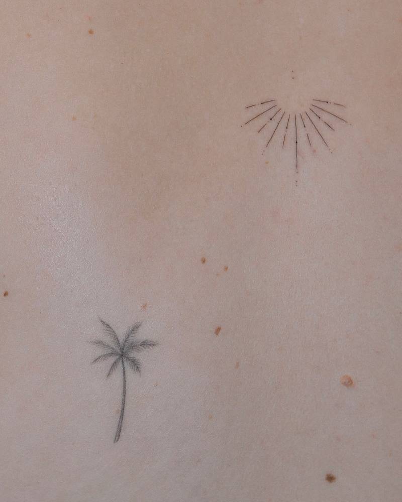 Healed palm tree and fresh sun tattoos in fine line style.