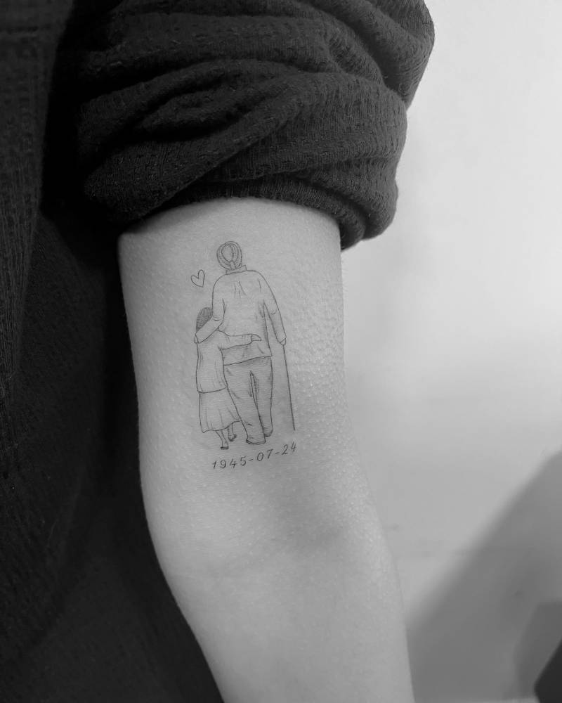 Family portrait tattoo located on the bicep, fine line style.
