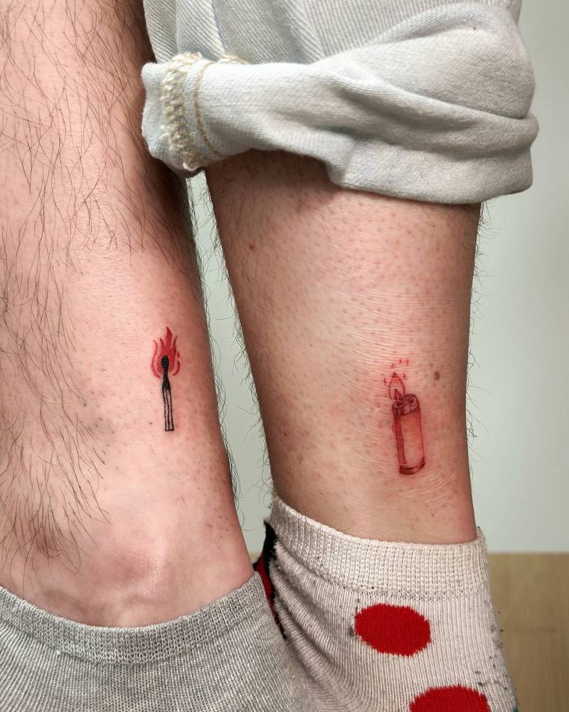 Matching matchstick and lighter tattoos for couple.