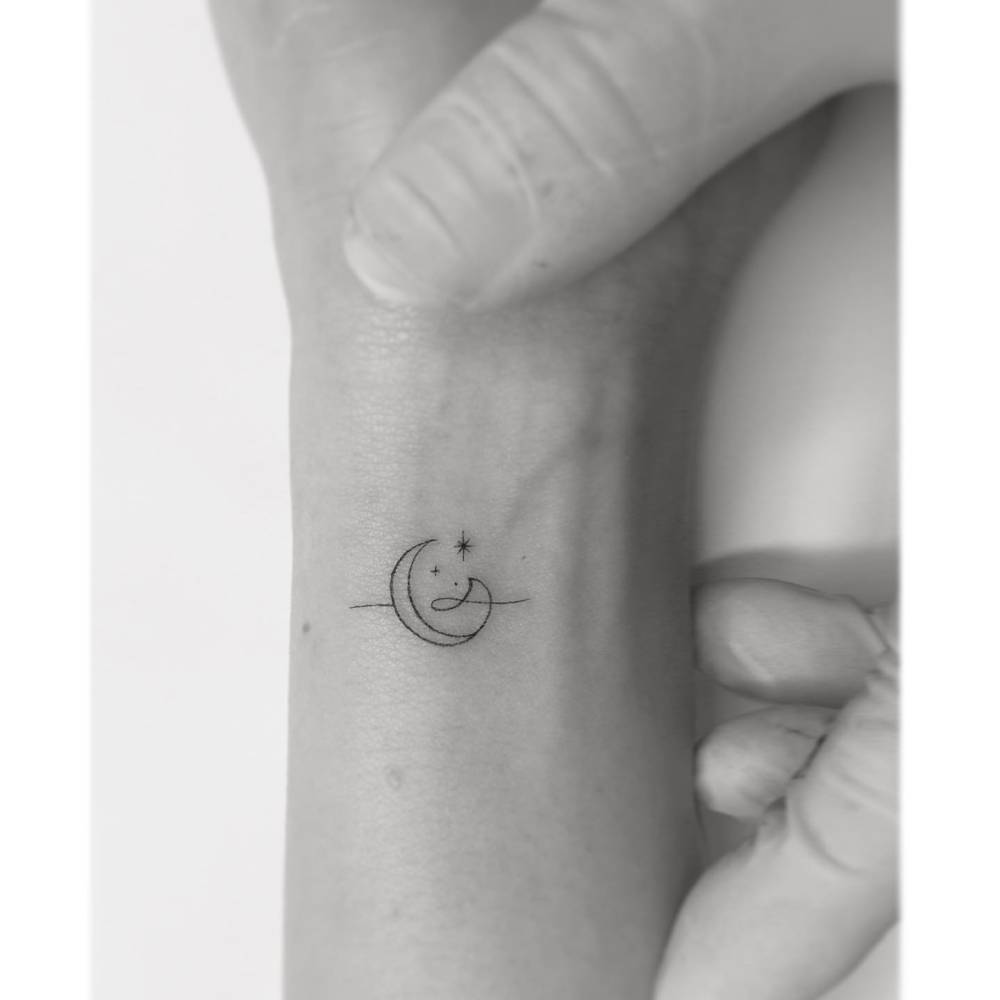 Moon, stars wand wave tattoo in minimalistic style.