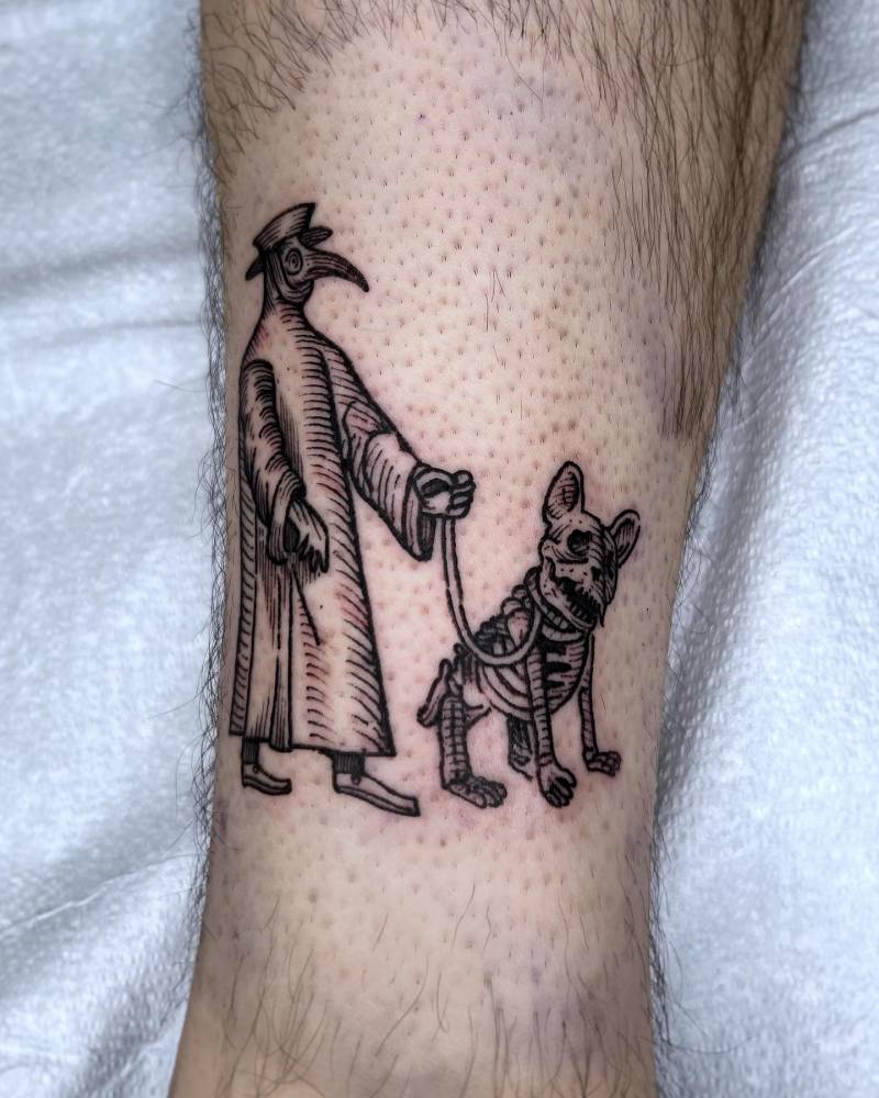 Plague doctor and skeleton dog tattoo located on the shin.