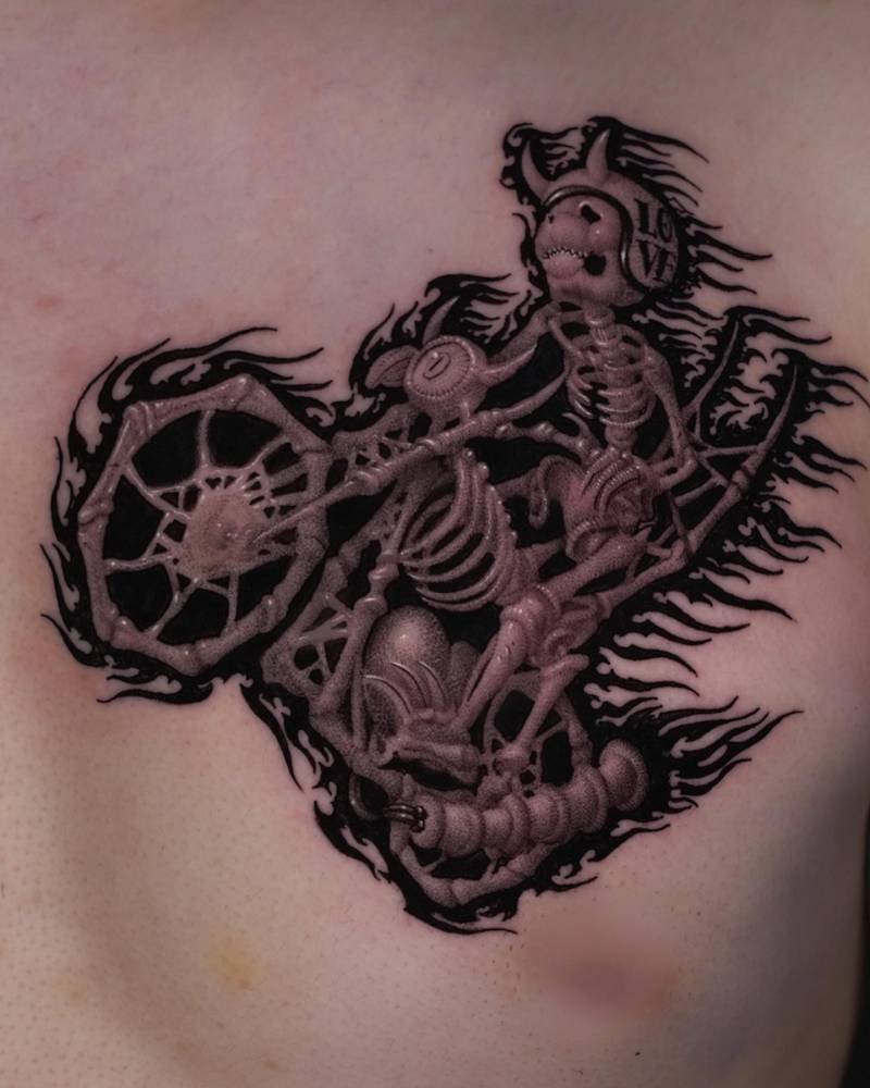 Ghost Rider bear tattoo located on the chest.