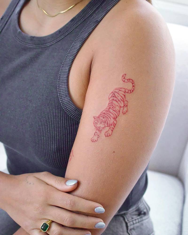 Red tiger tattoo in fine line style located on the upper arm.