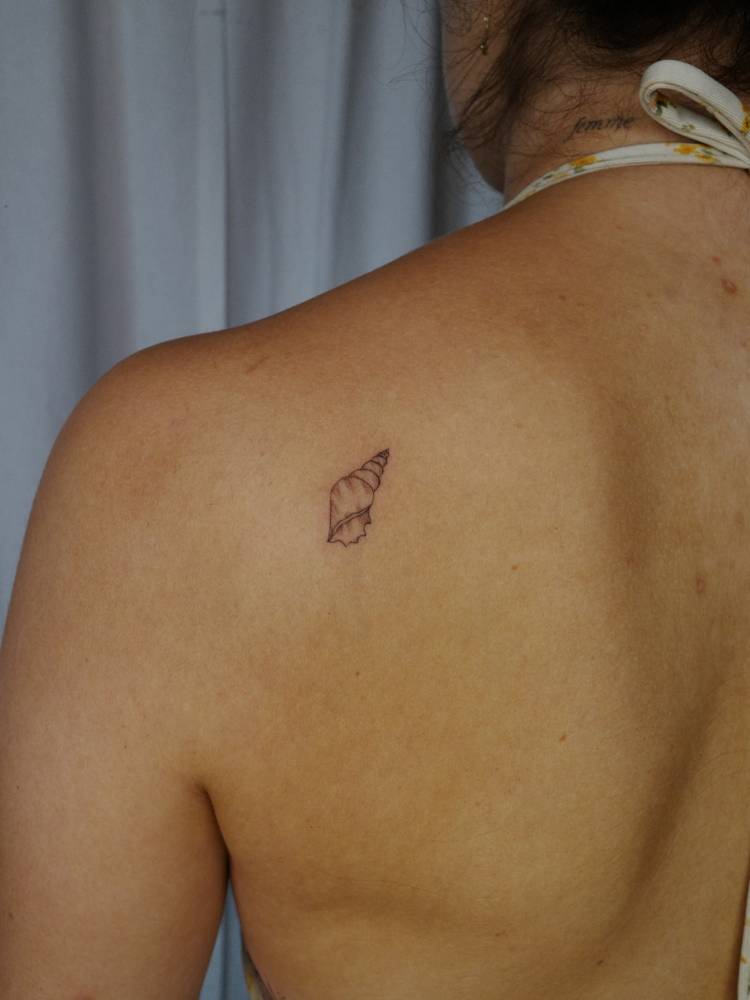 Fine line style tulip shell tattoo done on the shoulder blade.