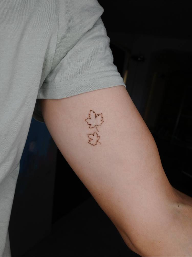 Maple leaves tattoo in fine line style done on the inner arm.