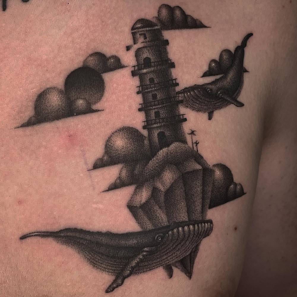 Surrealistic style lighthouse in the sky tattoo located on the back.