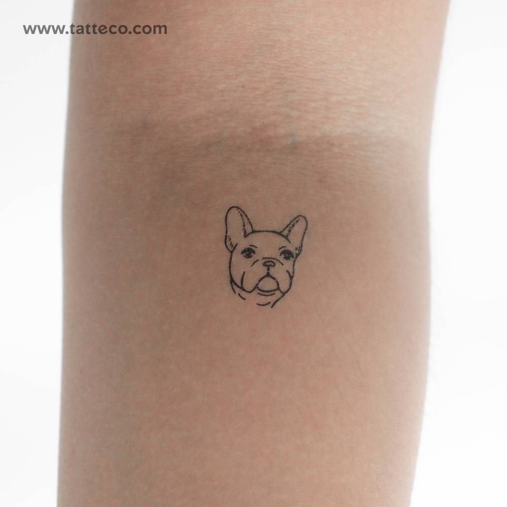 French bulldog portrait temporary tattoo located on the inner forearm.