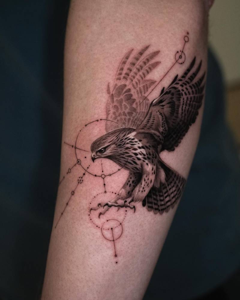 Eagle tattoo located on the forearm, done in micro-realistic style.