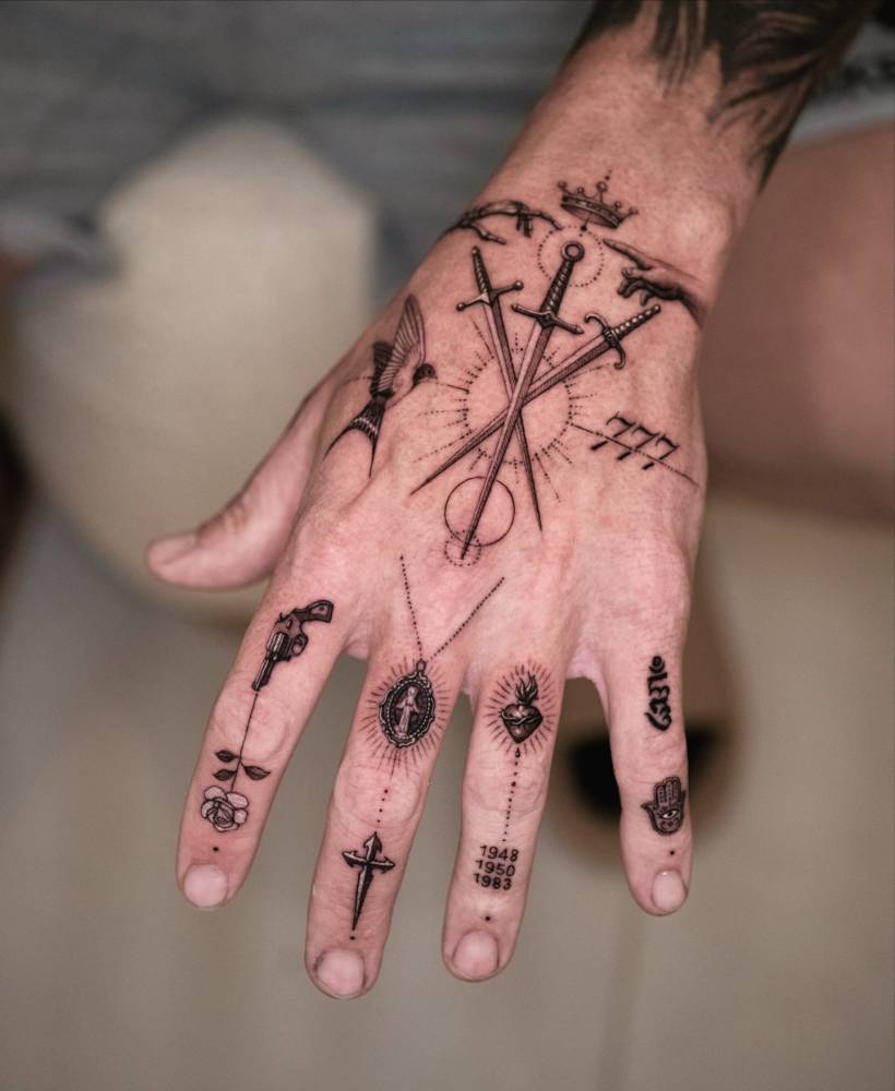 Micro-realistic style hand composition tattoos.
