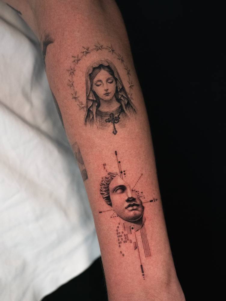 Healed Virgin Mary and fresh Greek sculpture tattoos in micro-realistic style located on the forearm.