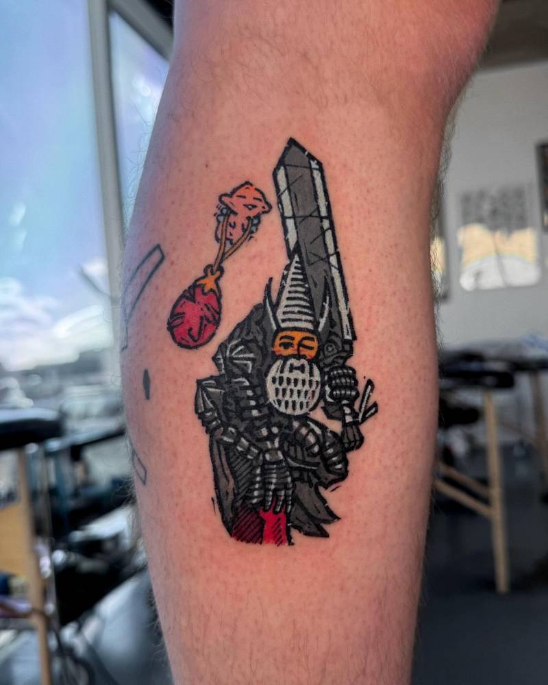 Knight gnome tattoo located on the calf, pop art style.