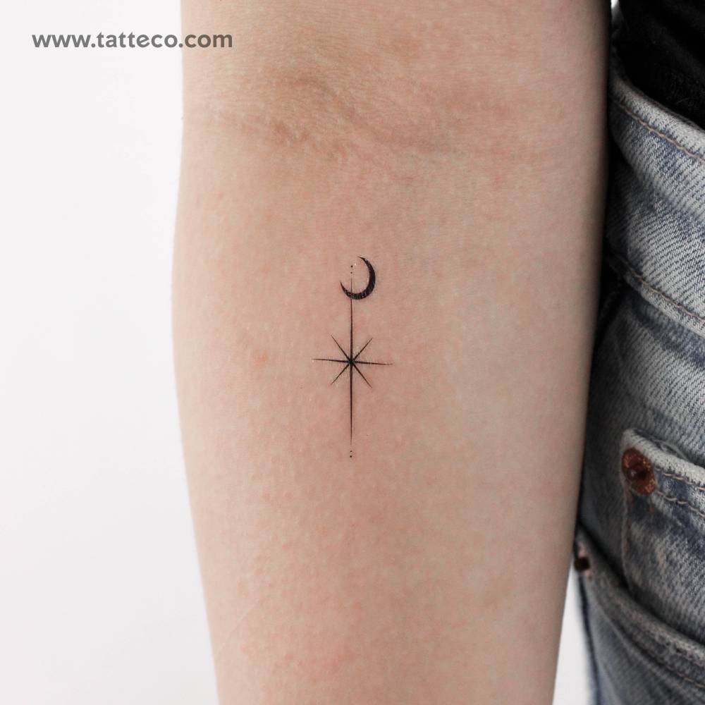 North star And moon temporary tattoo located on the inner forearm.
