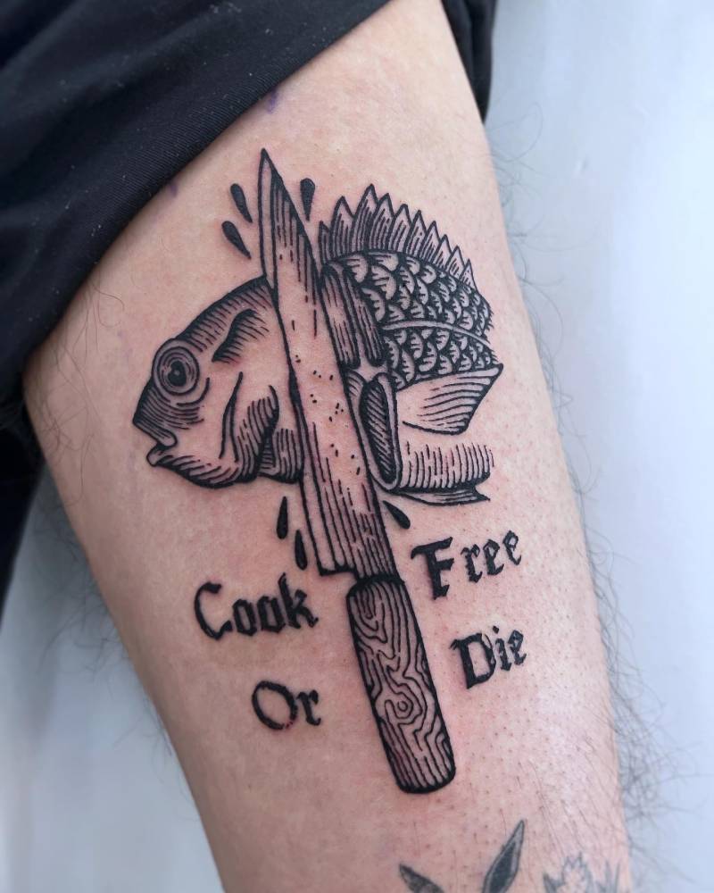 Chef knife and fish tattoo located on the thigh, engraving style.