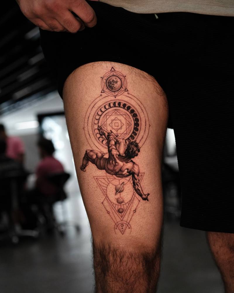 Phaeton tattoo in graphic style located on the thigh.