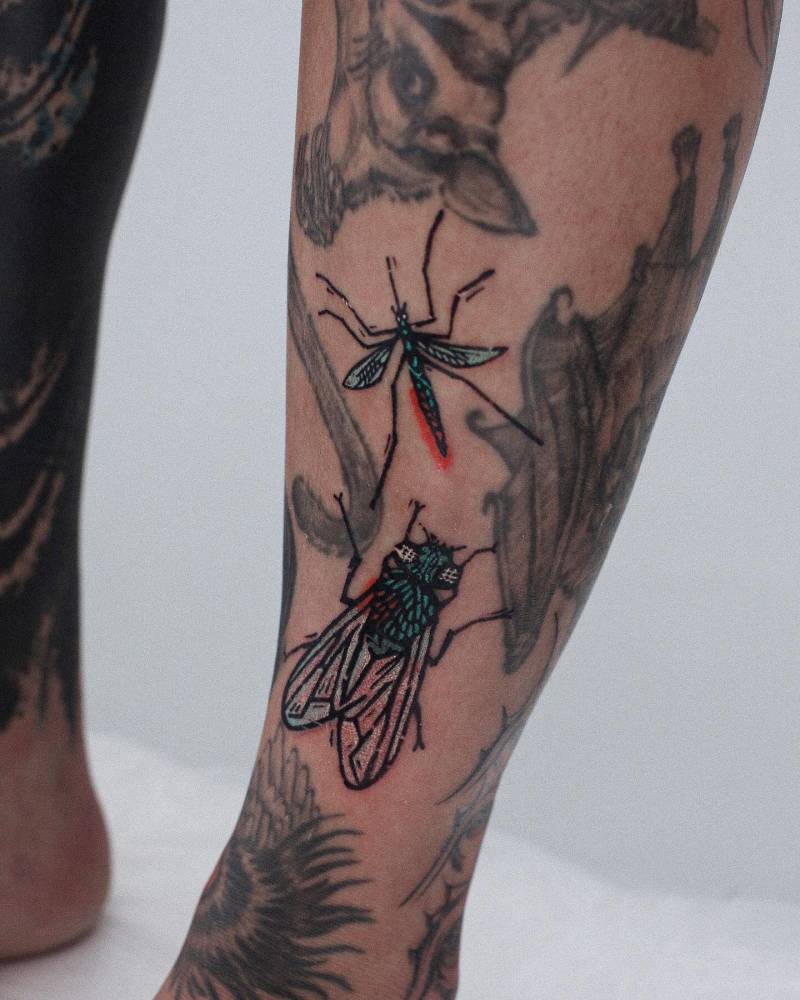 Mosquito and fly tattoo located on the shin, illustrative style.