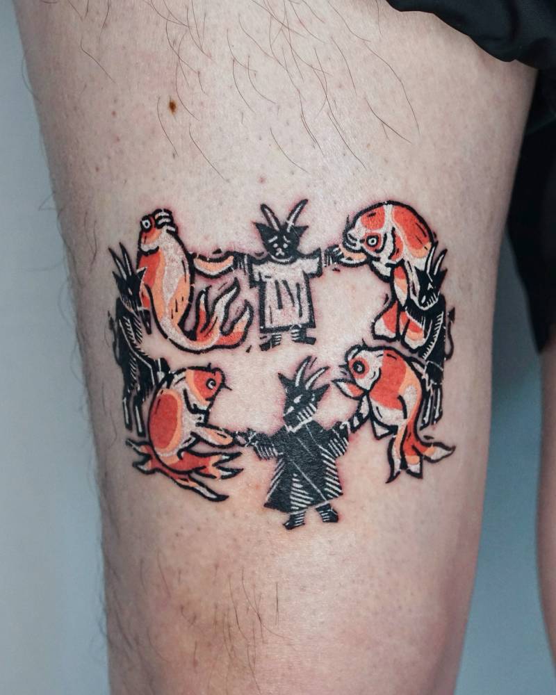 Krampus and carps tattooed on the thigh, pop art style.