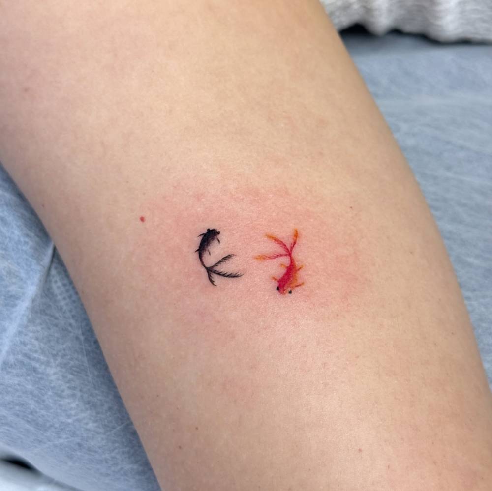 Watercolor style two opposite fish tattoo located on the inner arm.