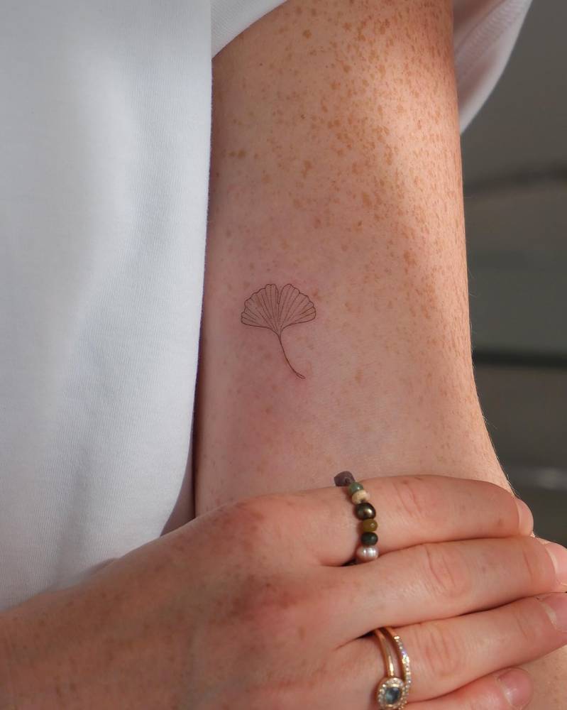 Ginkgo leaf tattoo in fine line style located on the inner arm.