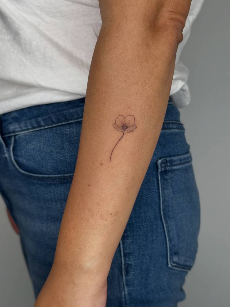 Poppy flower tattoo located on the forearm, illustrative style.