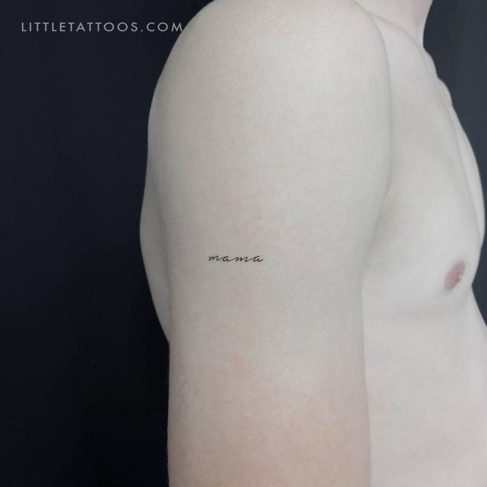 Handwritten font word "mama" temporary tattoo located on the upper arm.