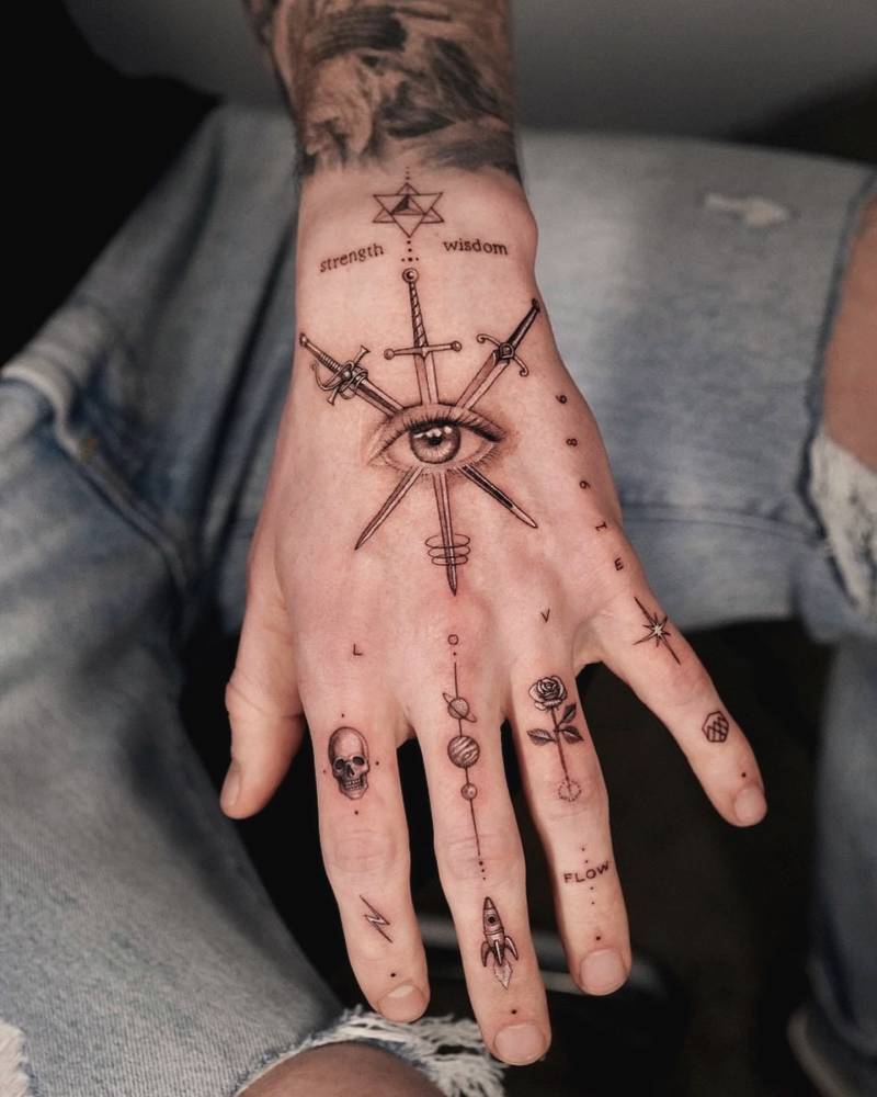Single needle hand composition tattoos.