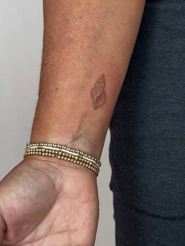 Illustrative style tulip shell tattoo located on the wrist.