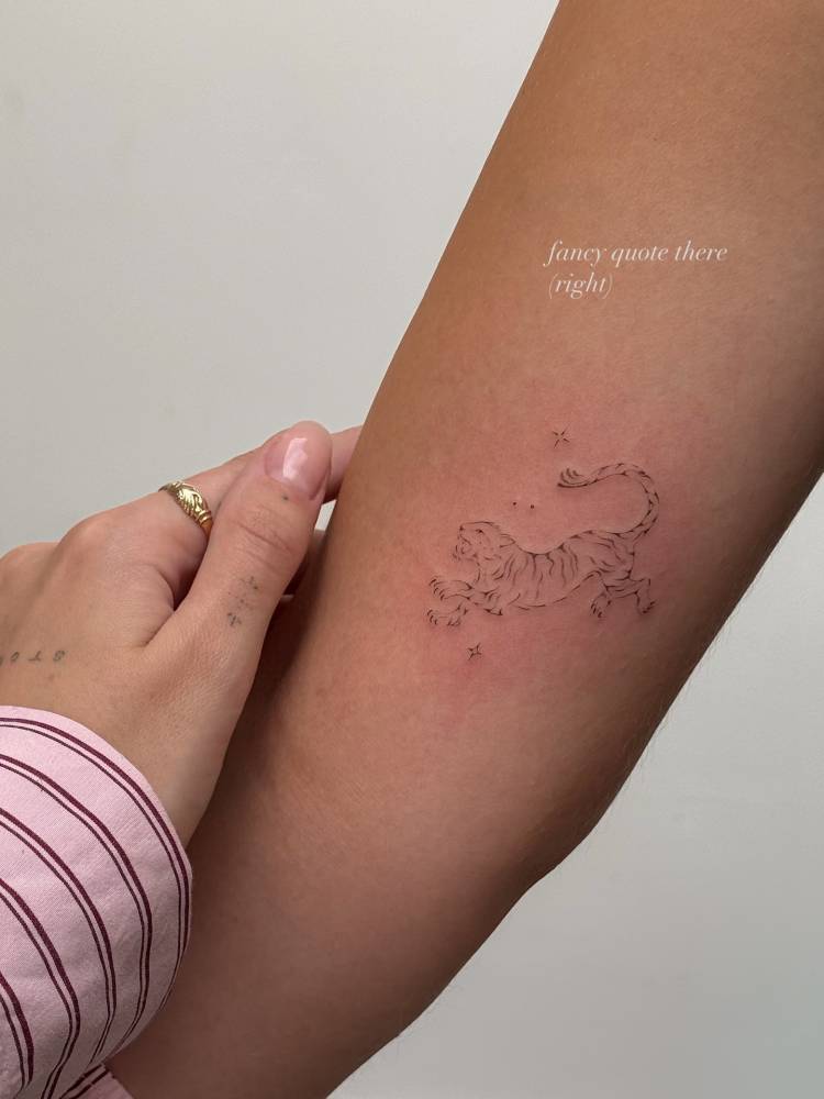 Little tiger tattoo in fine line style located on the inner arm.