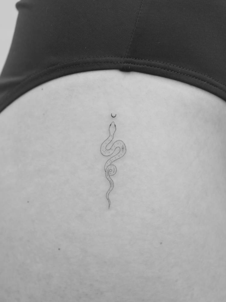Cute little snake tattoo in fine line style placed on the hip.