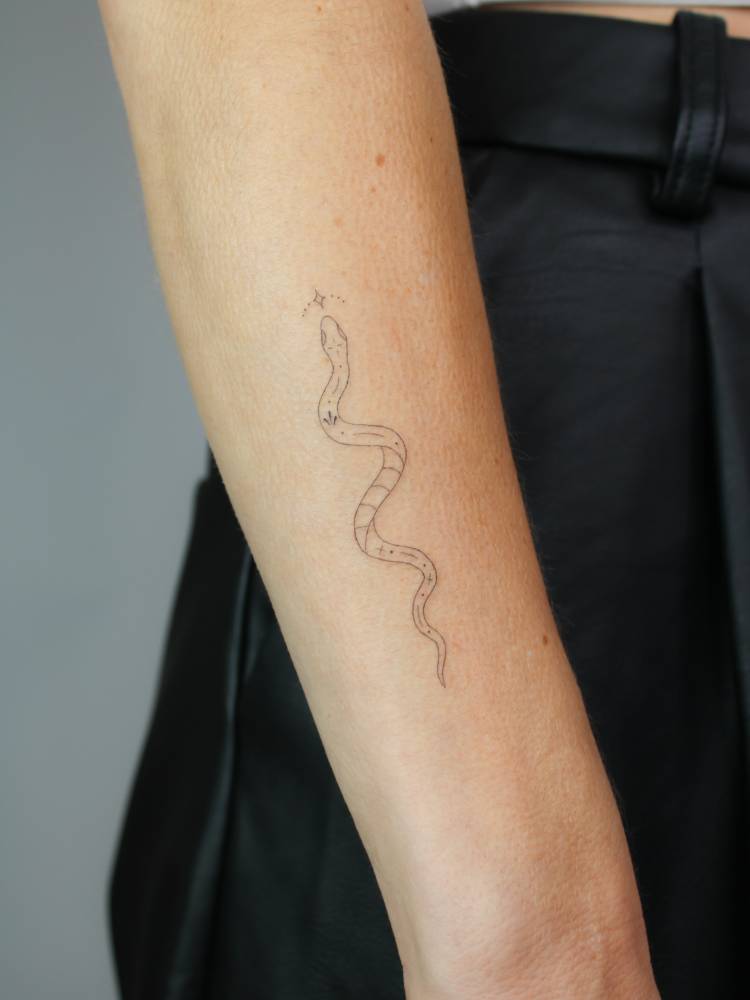 Little snake tattoo located on the forearm, done in fine line style.