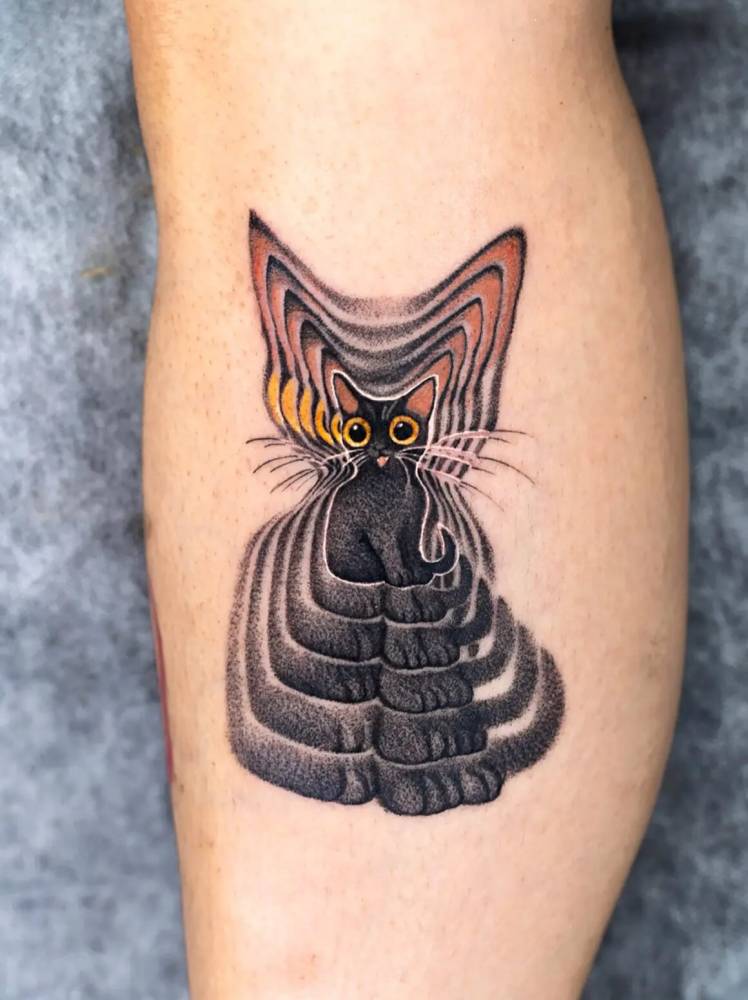 Psychedelic black cat tattoo located on the calf.