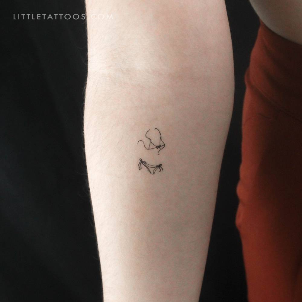 Little fine line style bikini temporary tattoo located on the inner forearm.