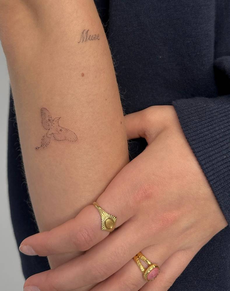 Little dove tattoo in fine line style placed on the forearm.