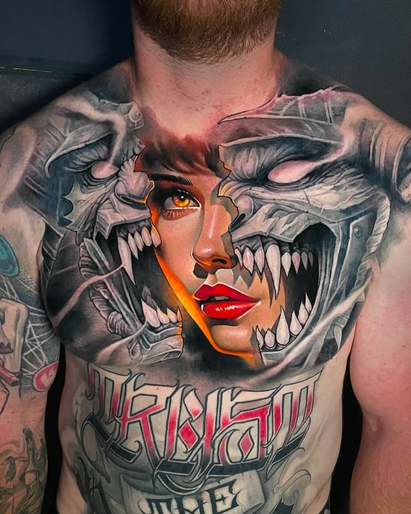 Hannya mask and woman portrait tattoo located on the chest, realistic style.