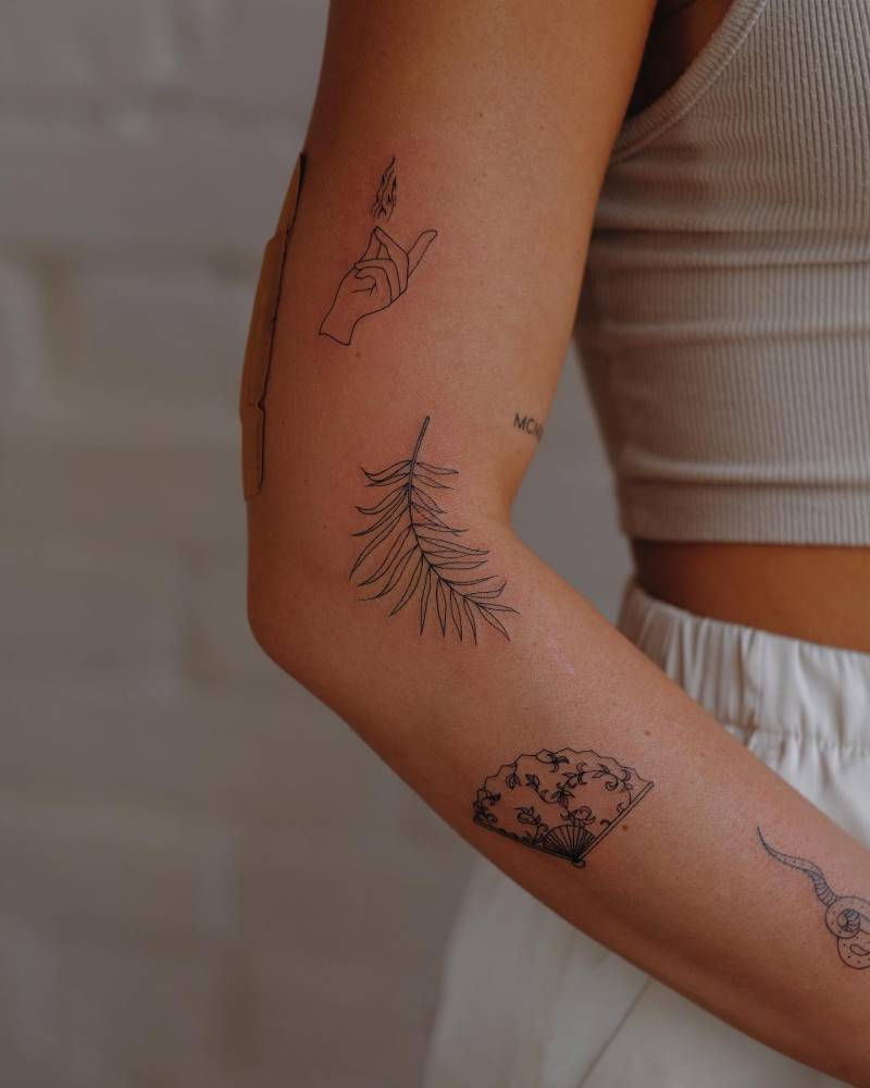 Fine line style arm compositions tattoos.